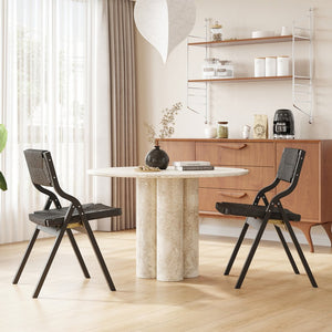 English Elm Wood Foldable Dining Chair Set of 2 with Woven Rattan Seat, Teak Finish, Comfortable Padded Design Black T3623P380481