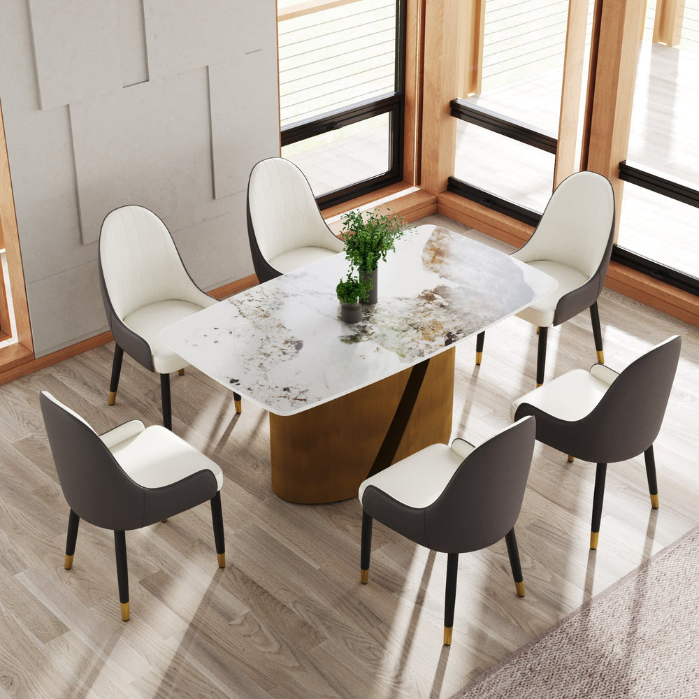 English Elm 63" Modern Artificial Stone Dining Table With Bronze Legs – Stylish, Durable, Seats 6-8 People! W1535S00359