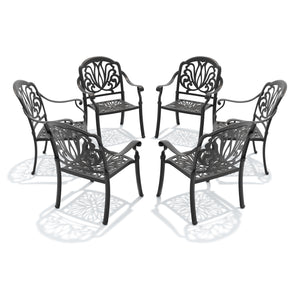 English Elm Cast Aluminum Outdoor Dining Chairs Set of 4 with Carved Relief Frame and Brown Cushions W1710S00507