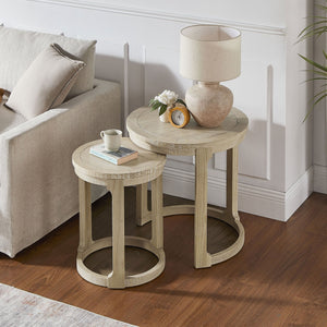 English Elm (1 Coffee Table+1 Side Table) Two-piece Pine Wood Round Set with Wheels Rustic Living Room Oak W2582S00195