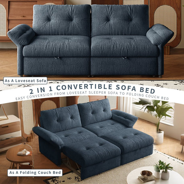 English Elm This Chenille Convertible Sofa Bed Seats Three and Unfolds Flat for Guests Easily Blue W3820S00043
