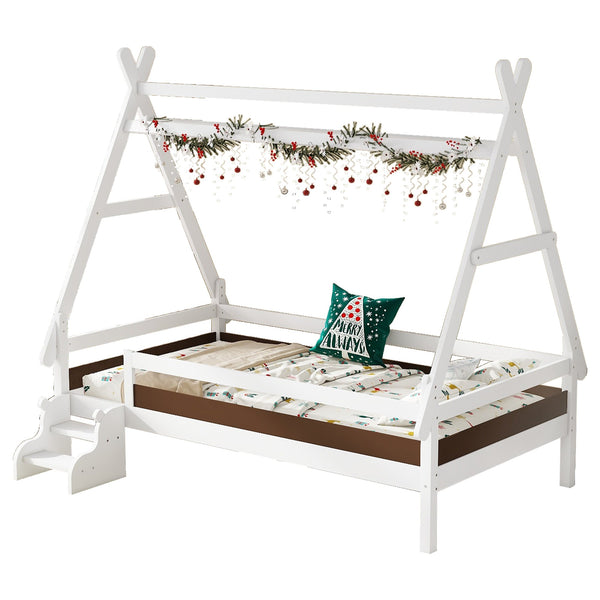 English Elm Twin House Shaped Platform Bed Solid Pine Frame with Built in Stairs for Kids W1580P354718
