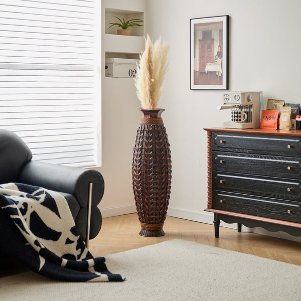 English Elm A 39-inch hand-woven bamboo floor vase in Acacia Wood PVC finish — 37.75" tall modern rattan decor for entryway W2796P283884