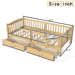 English Elm Twin Xl Kids Platform Bed Pine Wood Frame with Guardrails and Under Bed Storage Natural W1580P383113