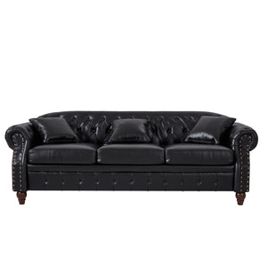 English Elm 85.8" Living Room Chesterfield Sofa with Storage Classic Tufted PU Upholstery Solid Wood Frame, 3-Seater Comfort Black W1097S00148