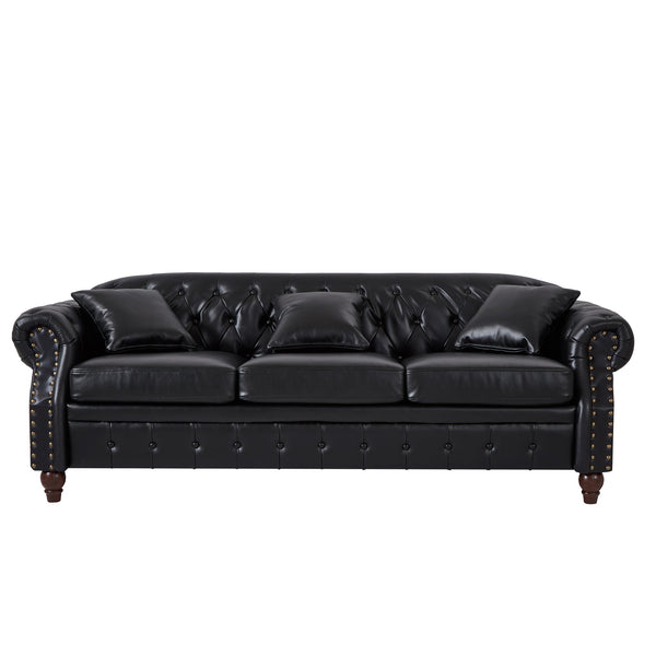 English Elm 85.8" Living Room Chesterfield Sofa with Storage Classic Tufted PU Upholstery Solid Wood Frame, 3-Seater Comfort Black W1097S00148