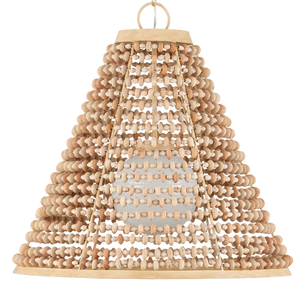 Pendulum Pendant - Bohemian Chic Light Fixture with Unique Wood Beads & Coco Cream Finish, 25.5"