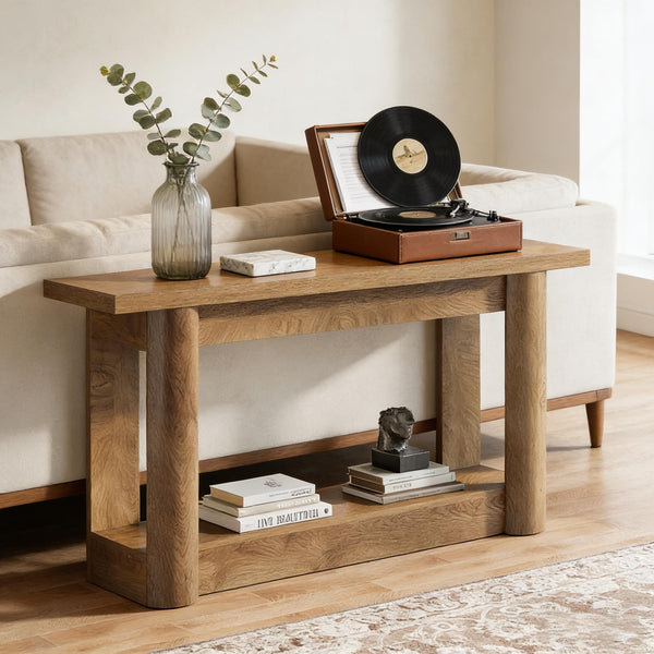 English Elm Practical Geometric Console Table with Matte Black Wood Grain Finish for Entryway or Sofa T3971P453068