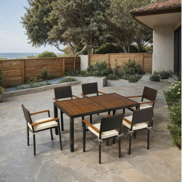 English Elm 7 piece Outdoor Patio Wicker Dining Set with Acacia Wood Table Brown Rattan Cream Cushions, Durable Elegance W329S00053