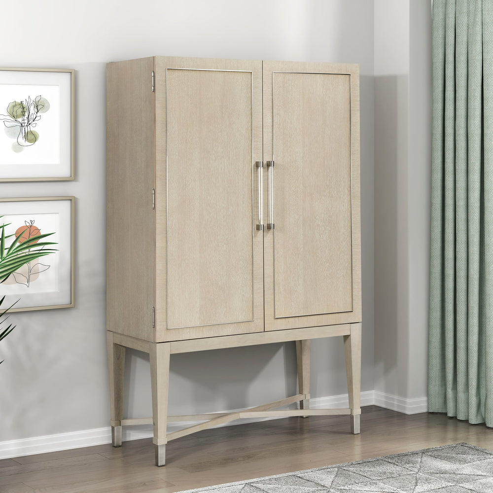 English Elm 1pc Oak Bar Cabinet with Led Mirrored Interior Stemware Rack and Pull Out Tray B011P474393
