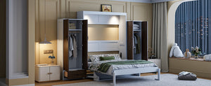 English Elm Full Size Murphy Wall Bed with Wardrobes Desk Drawers and Led Light in White LP000924AAK