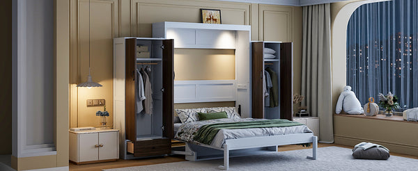 English Elm Full Size Murphy Wall Bed with Wardrobes Desk Drawers and Led Light in White LP000924AAK