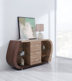 English Elm TONY Buffet in Brown Beige Oak Finish – Contemporary Solid Wood & MDF Sideboard with Glass, 3 Drawers, Open Shelves and Spacious Storage B201P215785