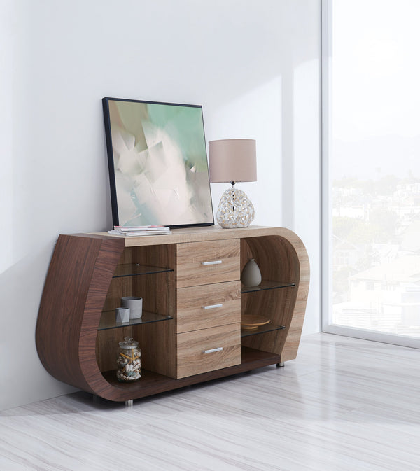 English Elm TONY Buffet in Brown Beige Oak Finish – Contemporary Solid Wood & MDF Sideboard with Glass, 3 Drawers, Open Shelves and Spacious Storage B201P215785