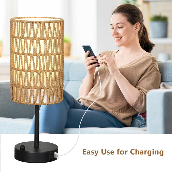 English Elm Touch Boho Table Lamp with Rattan & Linen Shade, 3-Level Dimmable Bedside Lamp w/ USB-C/A Port W2738P400638