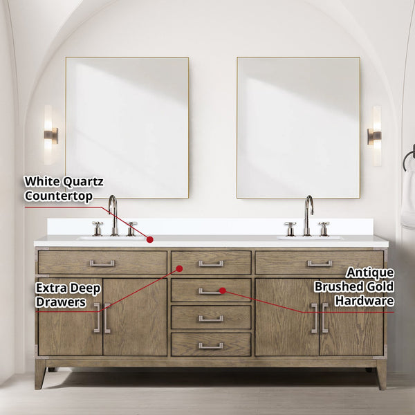 English Elm Grey Oak Double Bath Vanity 80" W x 22" D with White Quartz Top, Chrome Faucets & Dual 36" Mirrors B2731S01876