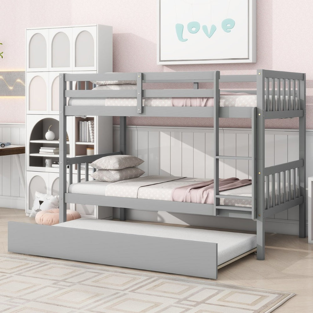 English Elm Twin Over Twin Bunk Bed With Trundle - Stylish Grey Rubberwood, Convertible, Safe & Space-Saving! W504S00156-GIGA
