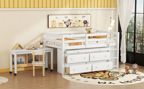 English Elm Twin Loft Bed Pinewood Frame Four Drawers Retractable Study Desk Kids Bedroom White LT000368AAK