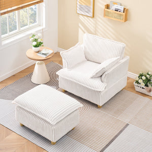 English Elm This single-seat corduroy sofa with ottoman and pillows — compact lounge chair for cozy reading nooks and naps Beige W1658S00108