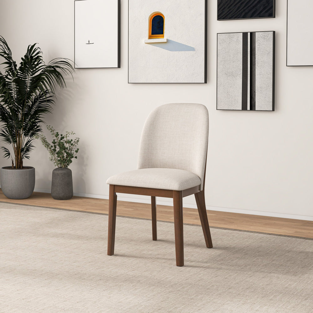 English Elm Mid-century Modern Linen Dining Chairs with Tapered Wood Legs Set of 2 Beige B183P231884