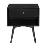 Mid-Century Modern Solid Wood Nightstand - Black, 1 Drawer, Antique Finish