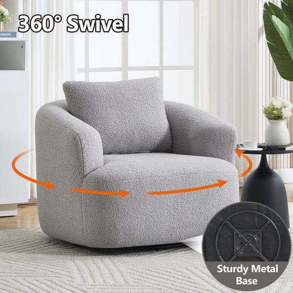 English Elm 360° Swivel Barrel Chair Teddy Fleece Upholstery with Pillow for Bedroom Reading Nook Light Gray W1803P363036