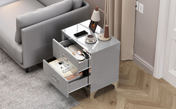 English Elm High Gloss Mirrored 2 Drawer Nightstand Slim Metal Legs Modern Bedroom Side Table Grey W5271P416536