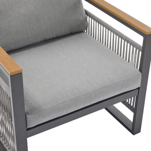 English Elm Christopher Knight Home® - 4-Pieces Outdoor Metal Patio Furniture Set with Deep-Seat Cushions, Teslin Rope, Wood-Look Tabletop, Rust-Resistant Frame Natural+Grey N780P2540723G