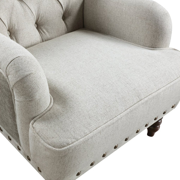 English Elm 1pc Beige Accent Chair – Button-Tufted Fabric, Nailhead Trim, Solid Wood Frame, Luxurious Living Room Seat B011P281844