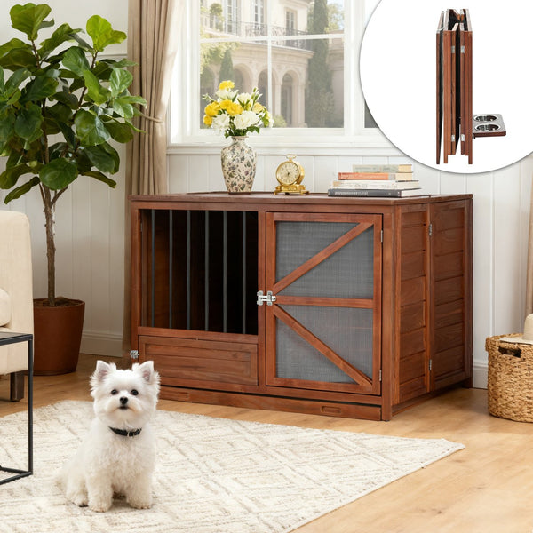 English Elm 33" Pine Wood Pet Crate End Table with Walnut Finish Swivel Feeder and Foldable Frame N843P322021W