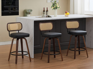 English Elm Set of 3 Swivel Counter Stools with Cane Back and Upholstered PU Seat, Walnut Wood, Ergonomic Comfort Black W1143P300159