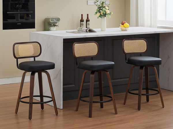 English Elm Set of 3 Swivel Counter Stools with Cane Back and Upholstered PU Seat, Walnut Wood, Ergonomic Comfort Black W1143P300159