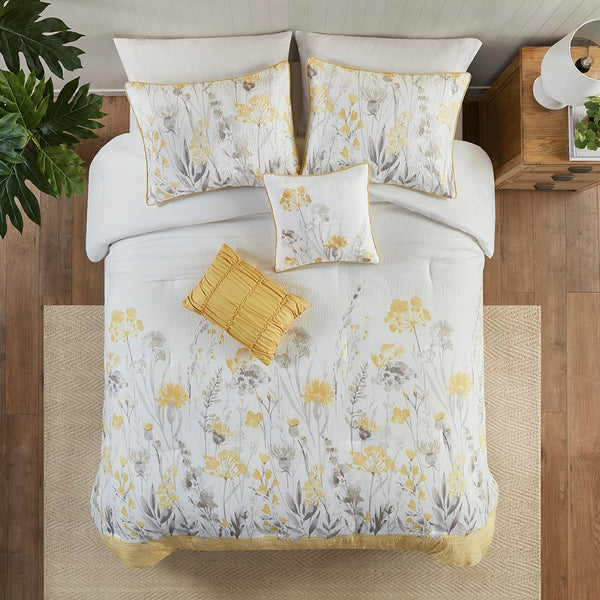 English Elm 5 Piece Seersucker Comforter Set with Throw Pillows Floral Cottage Farmhouse Microfiber Hypoallergenic Yellow 18.9 L x 23.62 W x 9.06 H B035P148357