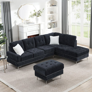 English Elm Sectional L-Shaped Chenille Sofa with Chaise Storage Ottoman, Metal Eucalyptus Frame, 4-Seater Spacious Navy Blue W1413S00118
