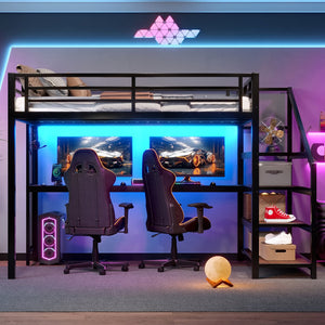 English Elm Full Loft Bed With Integrated Desk, Storage Stairs, Led Lights & Usb Ports For Modern Spaces W1580S00478