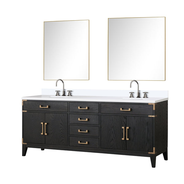 English Elm Black Oak Double Bath Vanity With White Quartz Top, Chrome Faucet & Two 36-Inch Mirrors Included B2731S02191