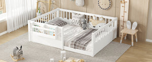 English Elm Twin Low Profile Kids Floor Bed Pine Wood Frame with Safety Rail and Built in Bookshelf White W1580P373138