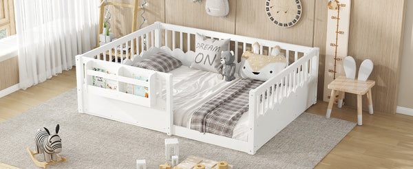 English Elm Twin Low Profile Kids Floor Bed Pine Wood Frame with Safety Rail and Built in Bookshelf White W1580P373138