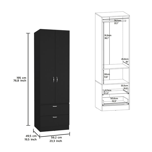 English Elm Armoire Black 76.8" H Tall Closet with Hanging Rod, Smooth-Glide 2 Drawers, Shelf, Sleek Modern Finish B097P199751