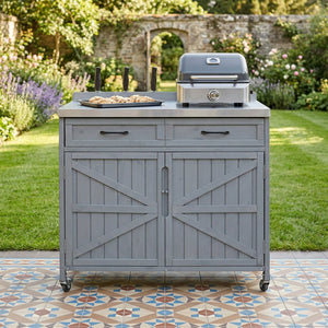 English Elm K&k Outdoor Prep Station Stainless Steel Top Fir Wood Cabinet with Drawer and Wheels Grey+Blue N707P370273G