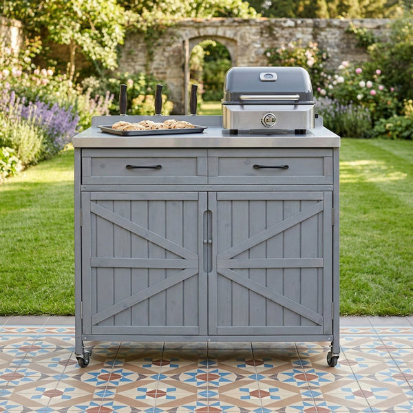 English Elm K&k Outdoor Prep Station Stainless Steel Top Fir Wood Cabinet with Drawer and Wheels Grey+Blue N707P370273G