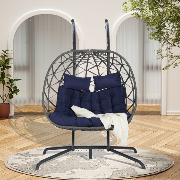 English Elm Double Hanging Egg Chair with Freestanding Iron Stand Woven Wicker Patio Swing Seat W874P270573