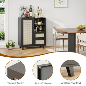English Elm Rattan Cane Front Sideboard with Drawers Adjustable Shelf Bohemian Storage Cabinet Black T3623P434723