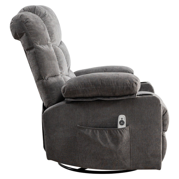 English Elm Oversized Swivel Recliner with Massage Heating Linen Upholstery and Usb Port Gray W1521P411670