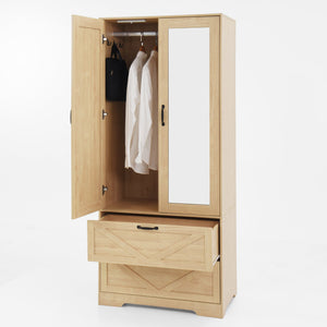 English Elm 2 Door Wardrobe Closet with Full Length Mirror Motion Light Hanging Rod and Drawers Natural W409P266780