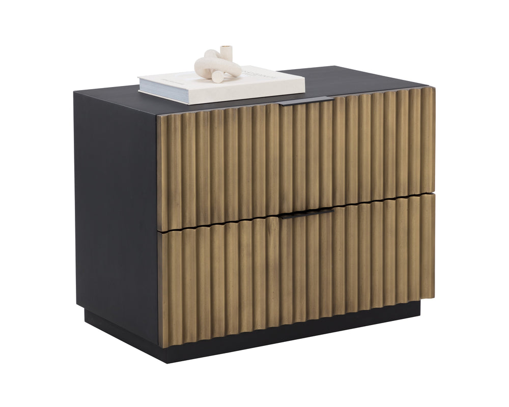 Sunpan Carlin Nightstand - Bold Mango Wood Design with Sculpted Drawers and Modern Aluminum Handles Black / Antique Brass