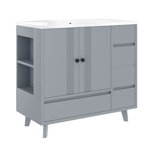 English Elm 36" Freestanding Bathroom Vanity Solid Wood Cabinet Ceramic Basin Four Drawers White W1580P382509
