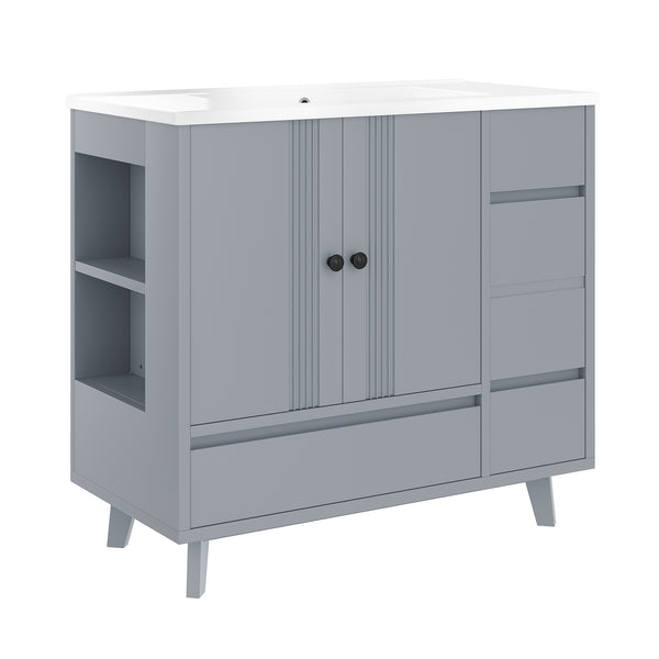 English Elm 36" Freestanding Bathroom Vanity Solid Wood Cabinet Ceramic Basin Four Drawers White W1580P382509