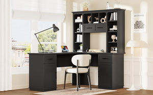 English Elm L-shaped computer desk with ample storage 11 shelves, 3 cabinets, 2 drawers, flip-up shelf for workspaces Black W1580S00189