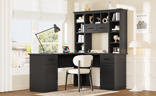 English Elm L-shaped computer desk with ample storage 11 shelves, 3 cabinets, 2 drawers, flip-up shelf for workspaces Black W1580S00189